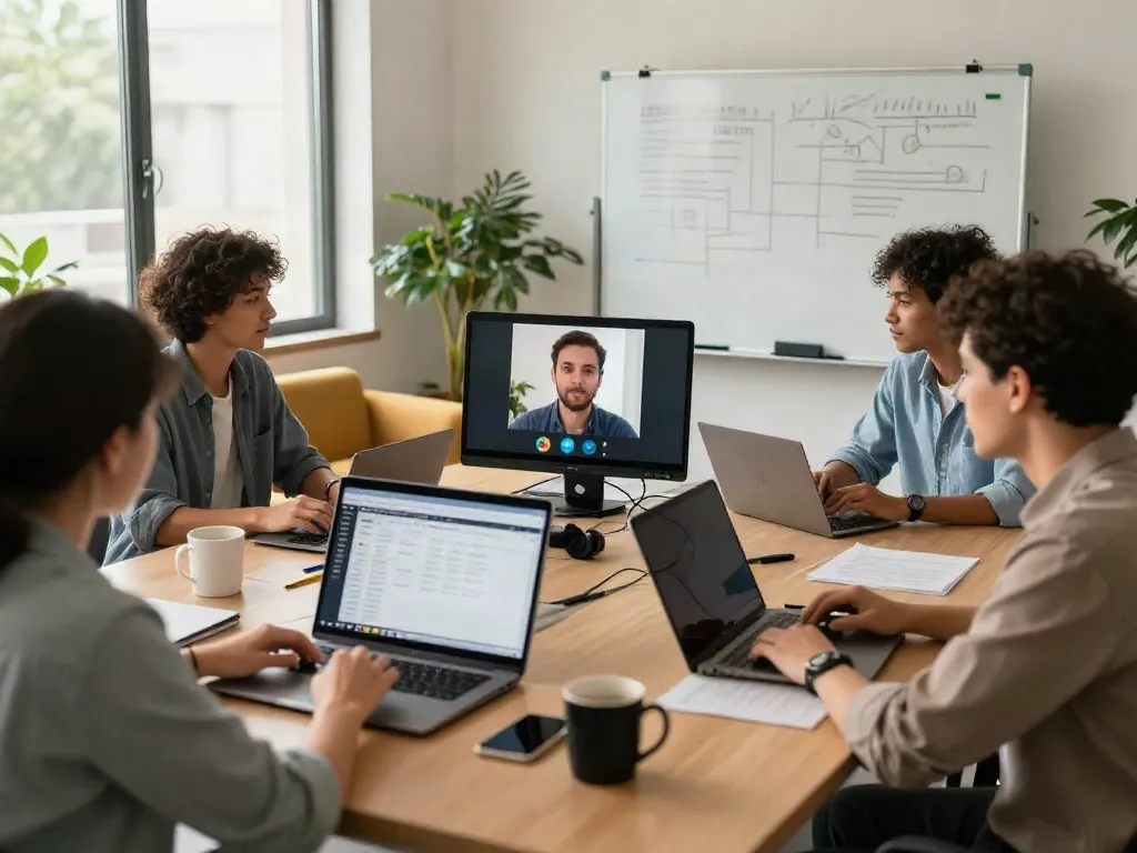 Deepfake protected Online Video Calls, Meetings and Conferencing with diverse team collaborating in a modern office.