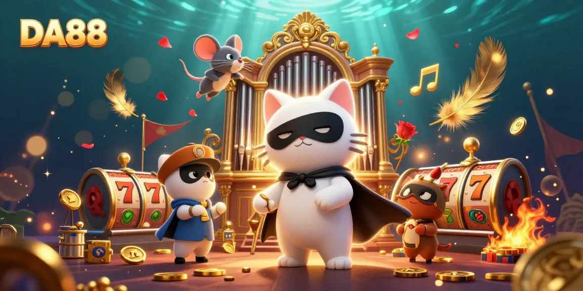 Experience DA88 with a lively casino scene featuring a phantom cat and thrilling slot elements.