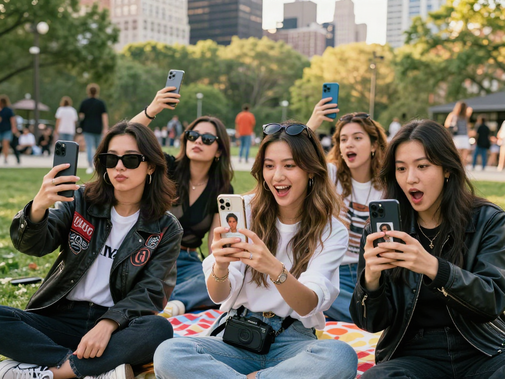 Friends comparing their looks with celebrities in a lively urban park scene, embracing the fun of finding out who they look like celebrities.