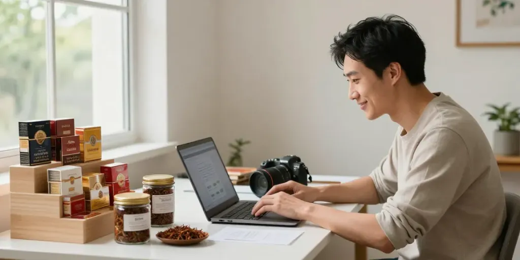 Explore cheap tobacco and cigarettes online in a cozy home office setting with a man shopping on his laptop