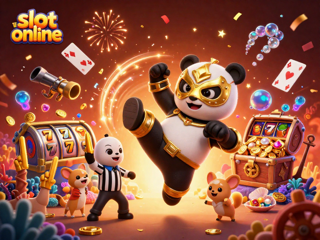 Engage with thrilling slot online adventures featuring a panda wrestler and vibrant casino elements.