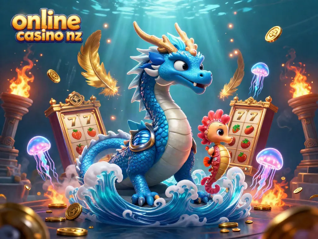 Experience vibrant online casino nz games with a dazzling 3D dragon, slot reels, and coral knight.