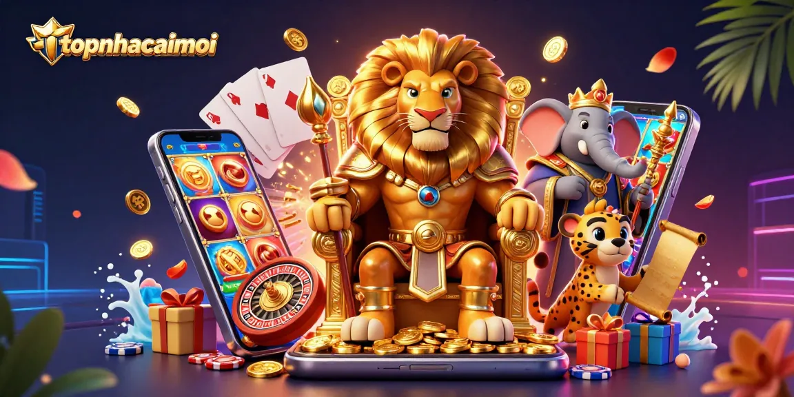 topnhacaimoi showcases a fierce lion king amidst vibrant casino elements, illuminating winning strategies.