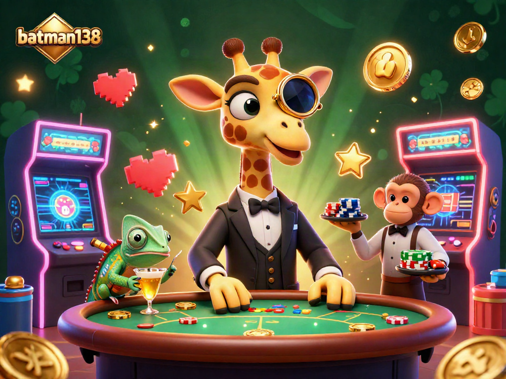 Engage in the thrilling action at batman138's vibrant casino scene with high-roller giraffe, monkey valet, and chameleon bartender.