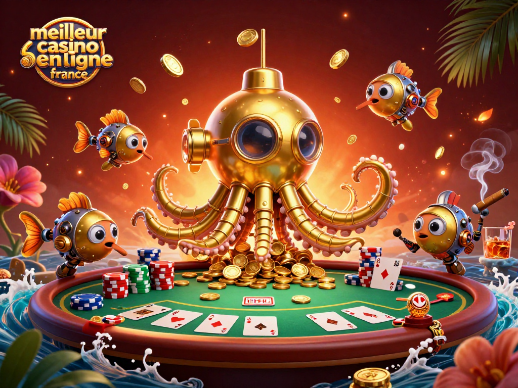 Plongez dans l'univers du meilleur casino en ligne France avec des éléments de poker captivants et un kraken sous-marin.