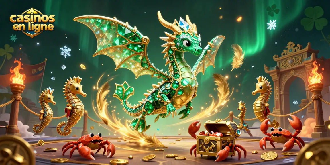 Vivez l'excitation des casinos en ligne avec un dragon de mer éblouissant, mettant en valeur des trésors et des éléments de jeu.