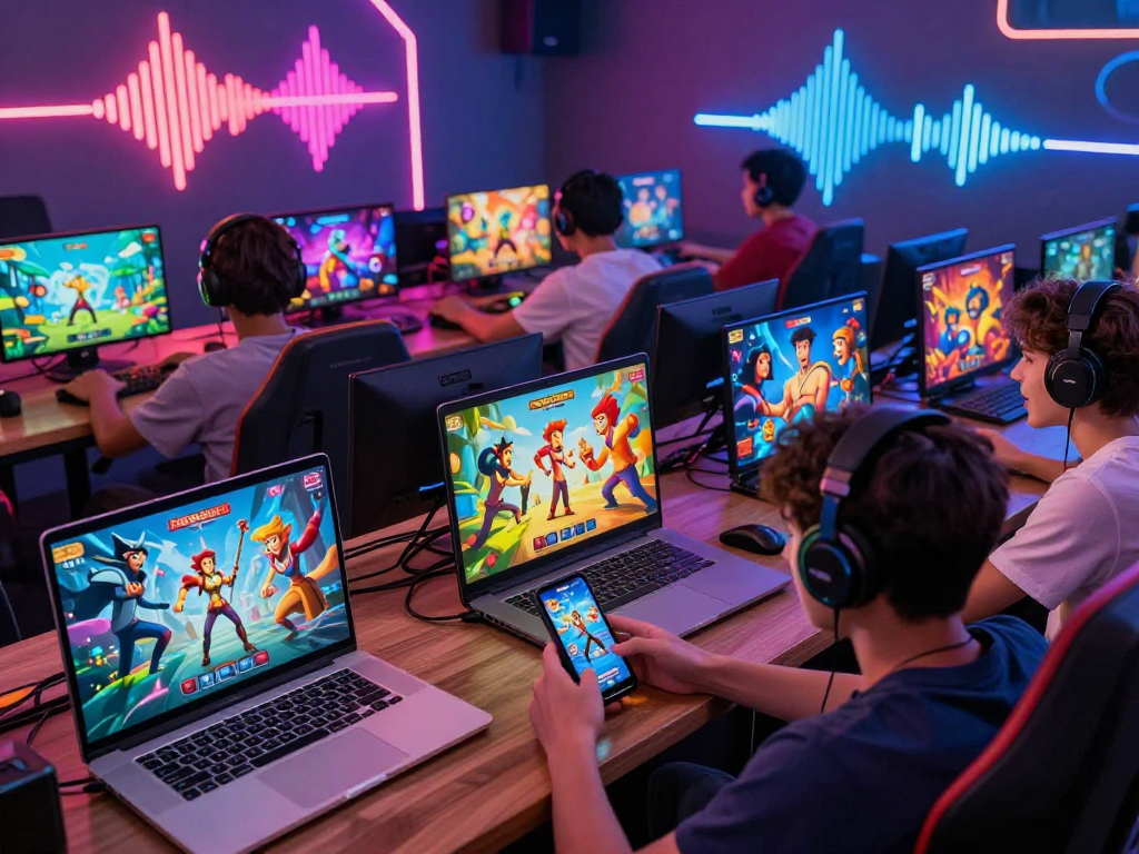 Engaging scene of players enjoying diverse sex games on various devices.