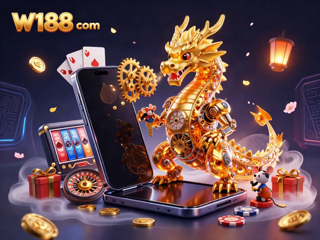 Experience W188 com with a golden dragon and casino elements in a dynamic 3D scene.