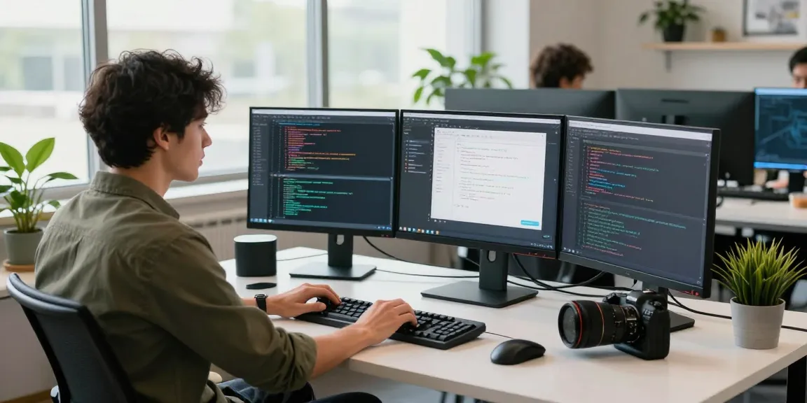 Engineer coding on multiple monitors in a vibrant tech workspace, showcasing jacktoto innovation.