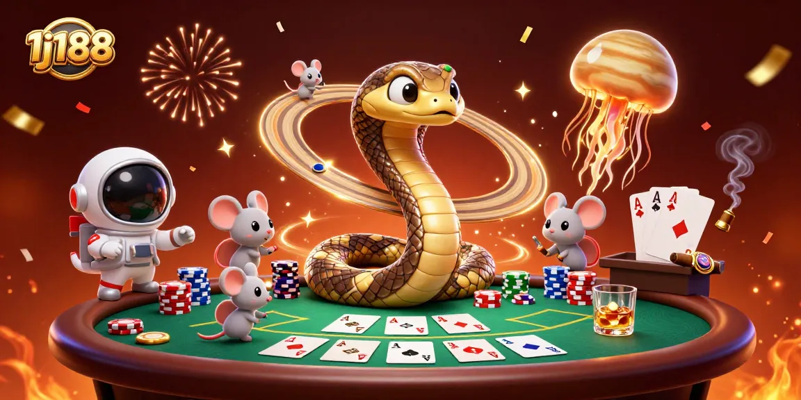 Experience exciting bets with 1j188's 3D illustration of a cosmic casino scene featuring unique characters and vibrant details.