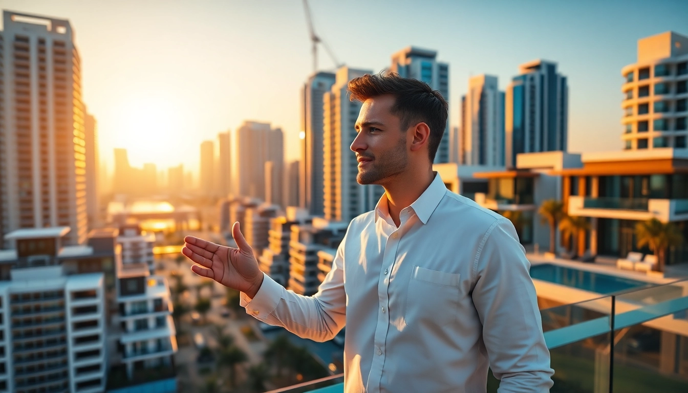 Showcasing real estate in dubai with a professional agent in front of luxury properties.