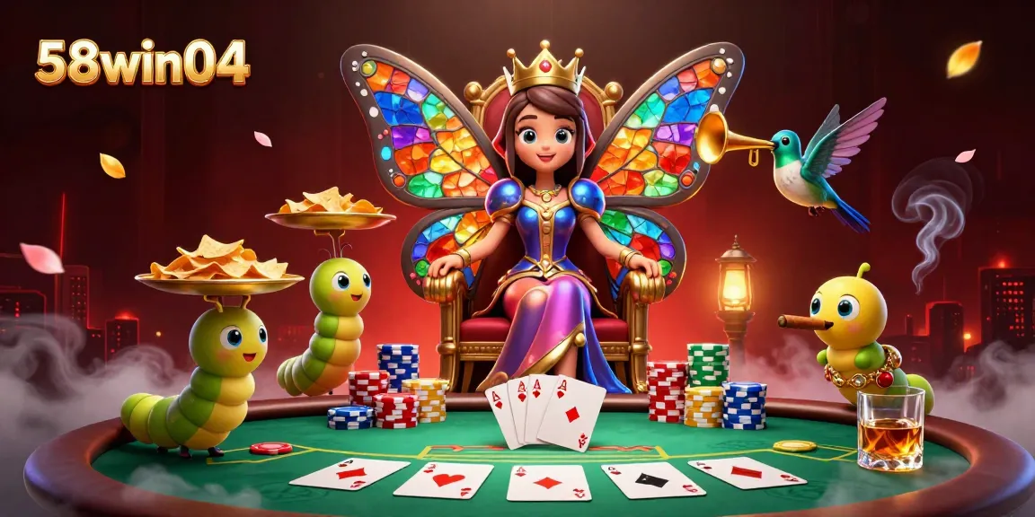 Play poker at 58win04 with colorful chips and a majestic butterfly queen.