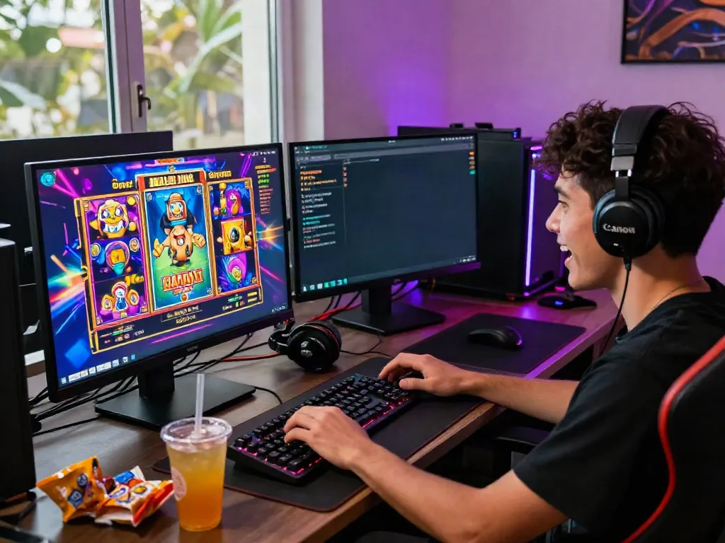 Exciting gaming environment featuring a player enjoying สล็อตเว็บตรง on high-end setup.