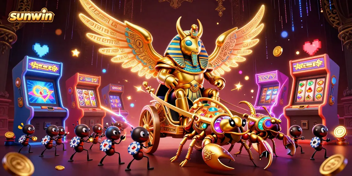Engage in thrilling gameplay with sunwin, showcasing a golden scarab beetle in a vibrant casino scene.