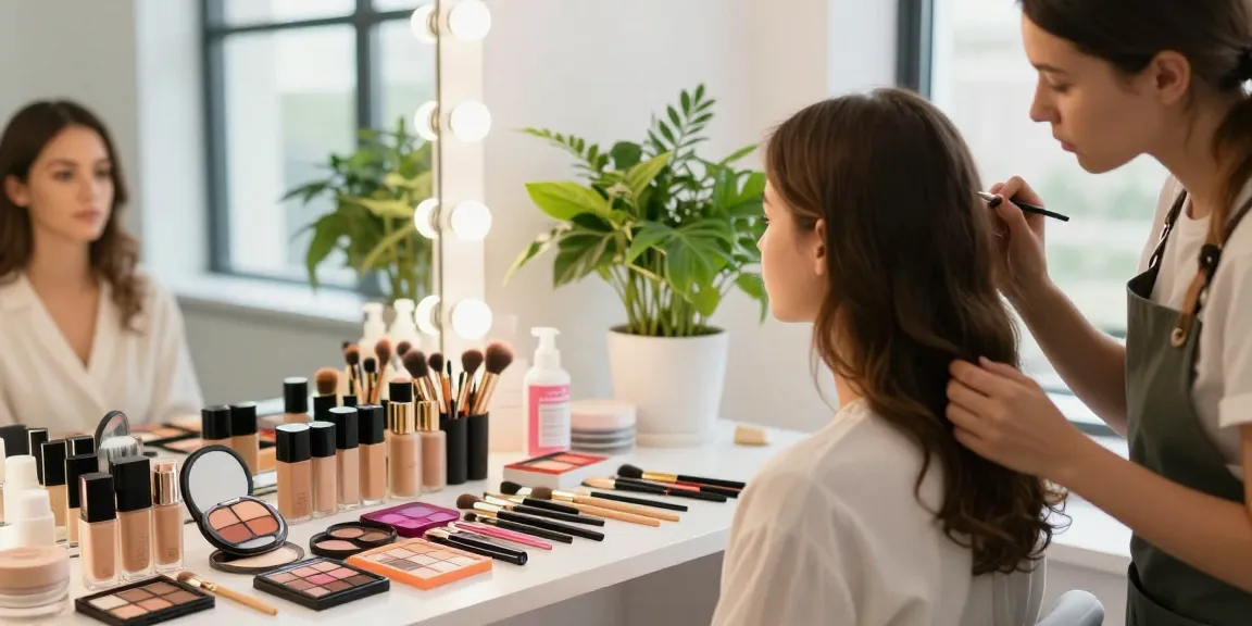 Applicazione di trucco personalizzato su cliente in uno studio di bellezza luminoso e accogliente.