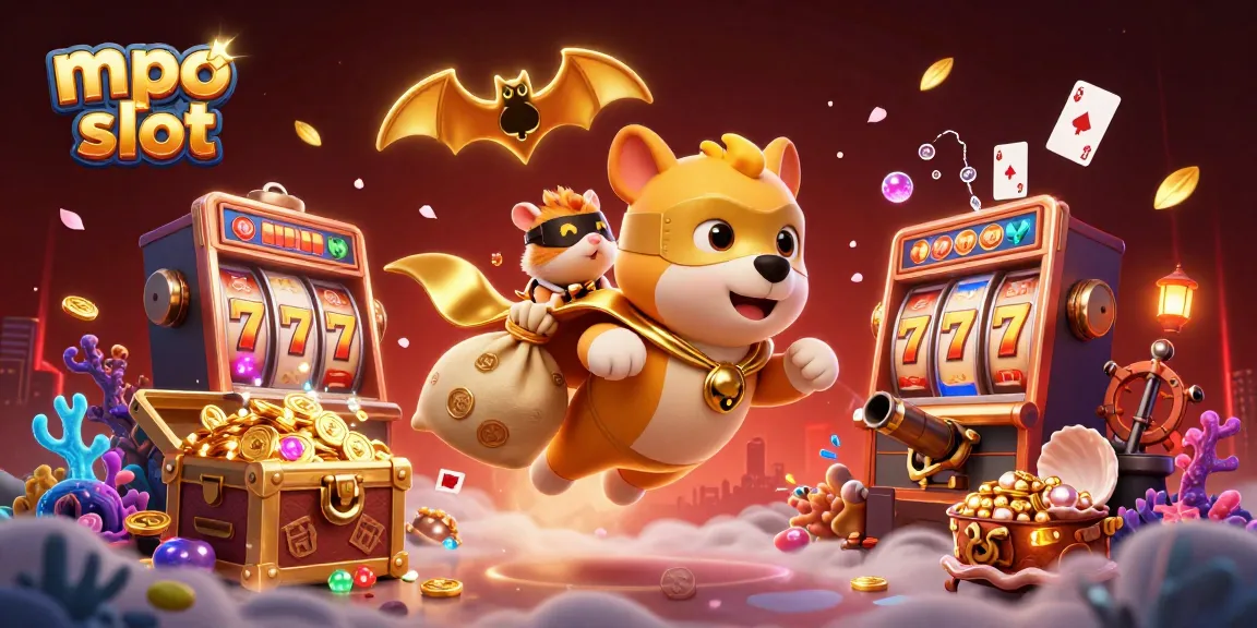 Engage with mpo slot gameplay featuring a heroic dog and companion amidst rich casino elements and vibrant treasures.