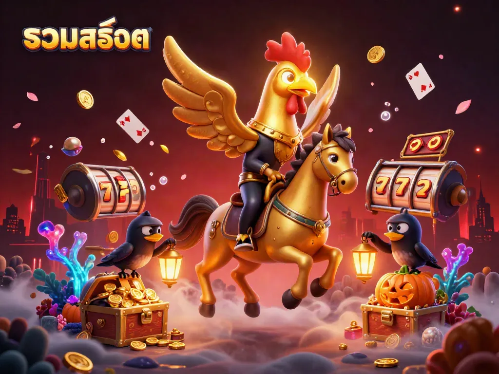 Experience thrilling gaming with the รวมสล็อต dynamic scene featuring golden carnival characters and captivating casino elements.