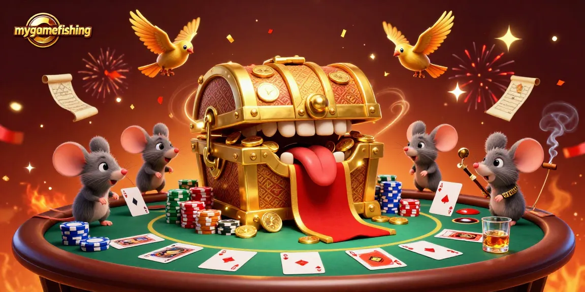 Experience the thrill of mygamefishing with dynamic cards, chips, and a treasure chest in a vibrant casino scene.