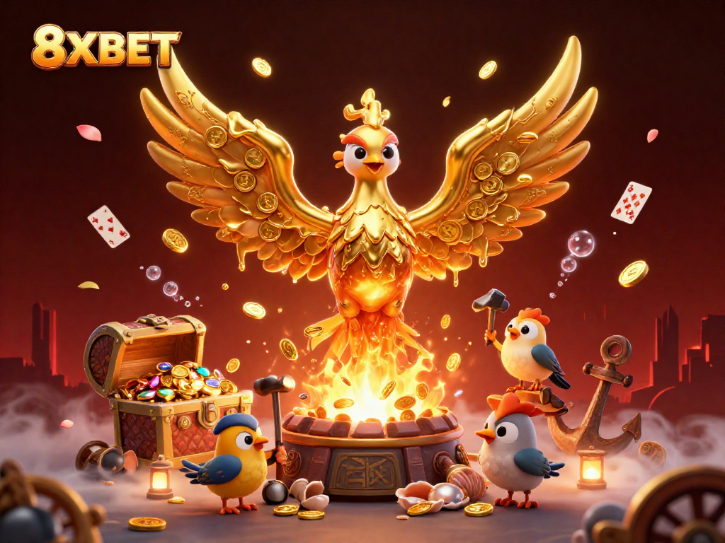 Experience the excitement of 8XBET with a dynamic golden phoenix illustration surrounded by vibrant gaming elements.
