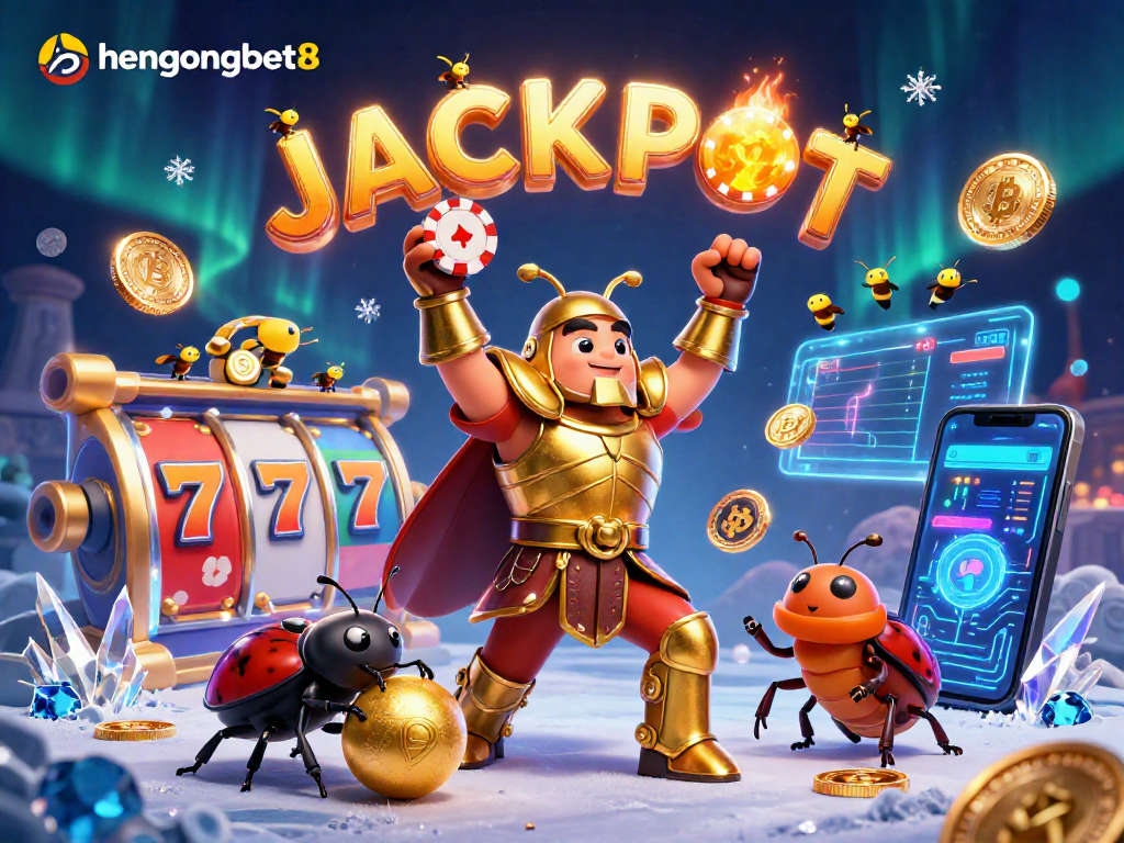 Experience the excitement with hengongbet8 in a colorful 3D casino-themed illustration showcasing victory and jackpots.