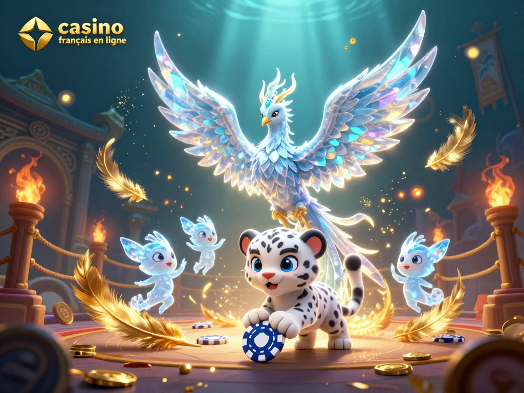 Jouez à casino français en ligne avec un phoenix de glace et un léopard des neiges entourés de jetons lumineux.