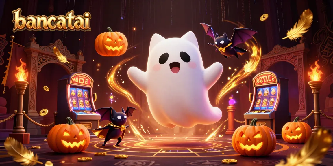 The ghost cat and bat illuminate the haunted casino, showcasing bancatai's captivating gaming excitement.
