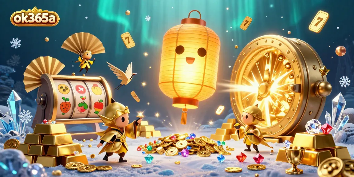 Celebrate big wins at ok365a with a vibrant casino scene featuring golden lanterns and spinning slot reels.