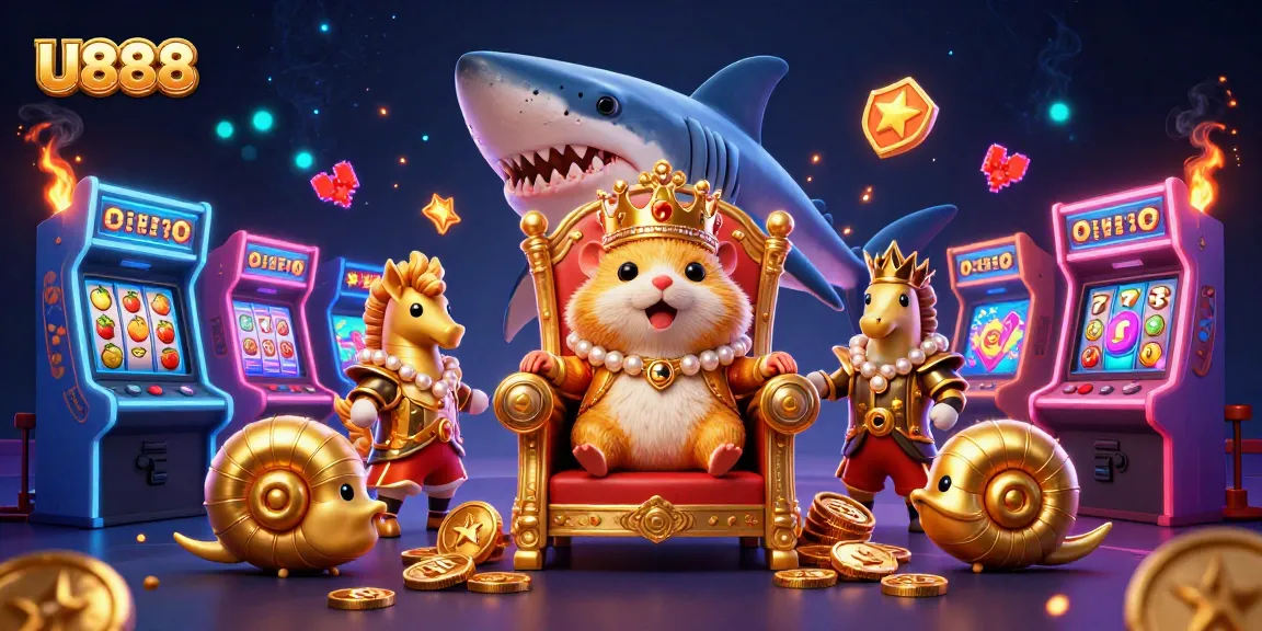 Engage with U888’s colorful 3D casino world featuring a golden hamster king and vibrant slot machines.