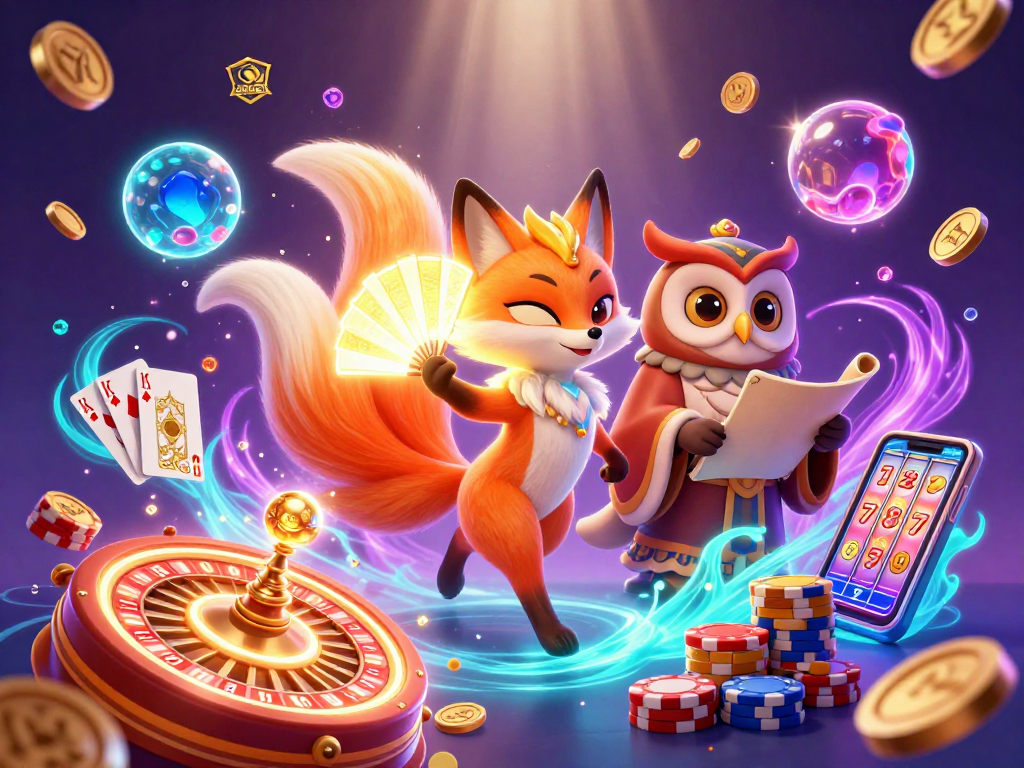 Engage in vibrant gaming at shbet with a colorful glowing fox spirit and owl, amidst coins and gems.