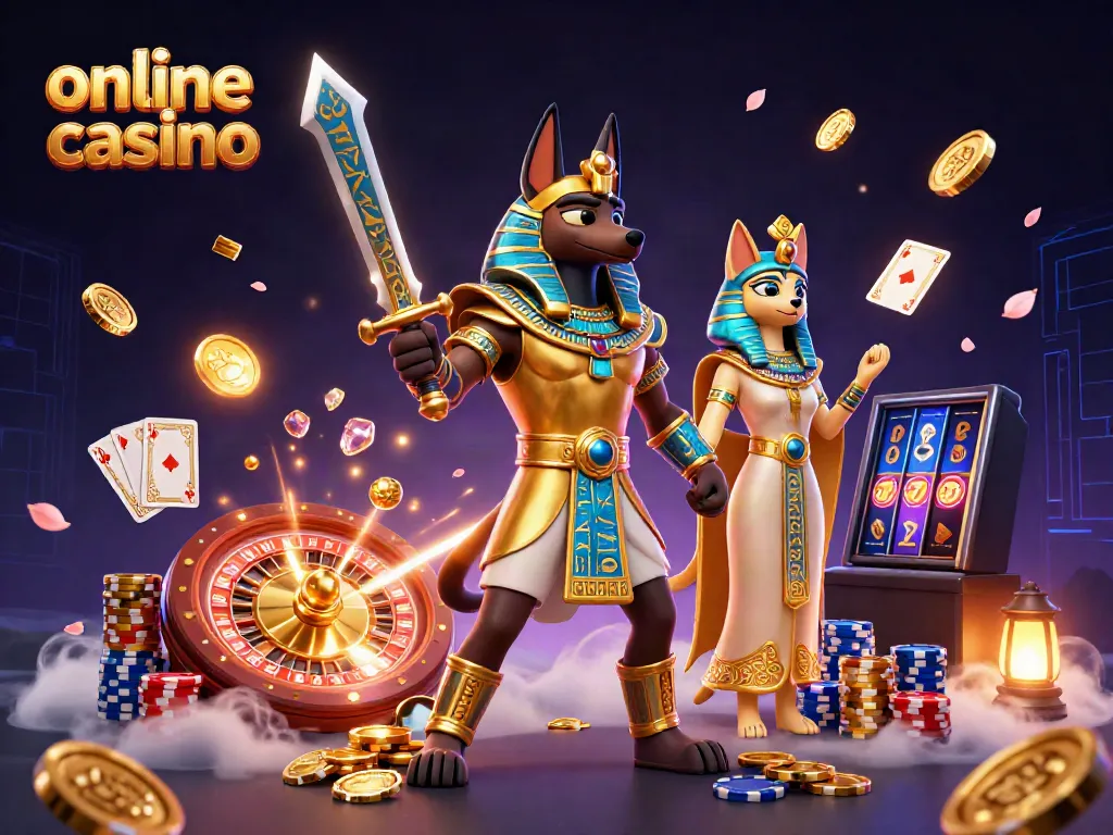 Experience thrilling moments at this vibrant online casino scene with Anubis and Bastet amidst riches and games.