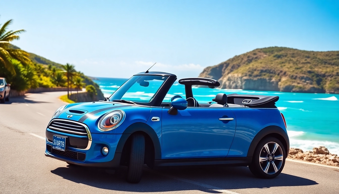 Rent a mini cooper convertible st barts with a stylish coastal backdrop showcasing the vibrant island.