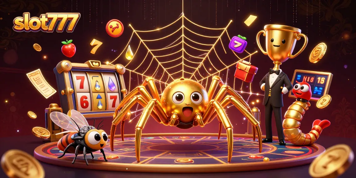 Bet on slot777 with a golden spider spinning a slot reel web at a glamorous casino scene.