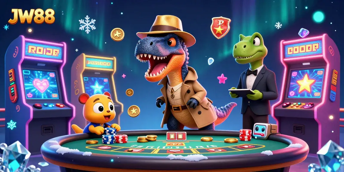 JW88 velociraptor counts cards inconspicuously at a blackjack table in this vibrant casino scene.
