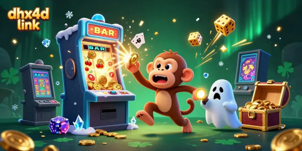 Ilustrasi kasino menyeramkan dengan dhx4d link, di mana monyet poltergeist jahat menjatuhkan objek emas dan anjing penyelidik menemukan harta.