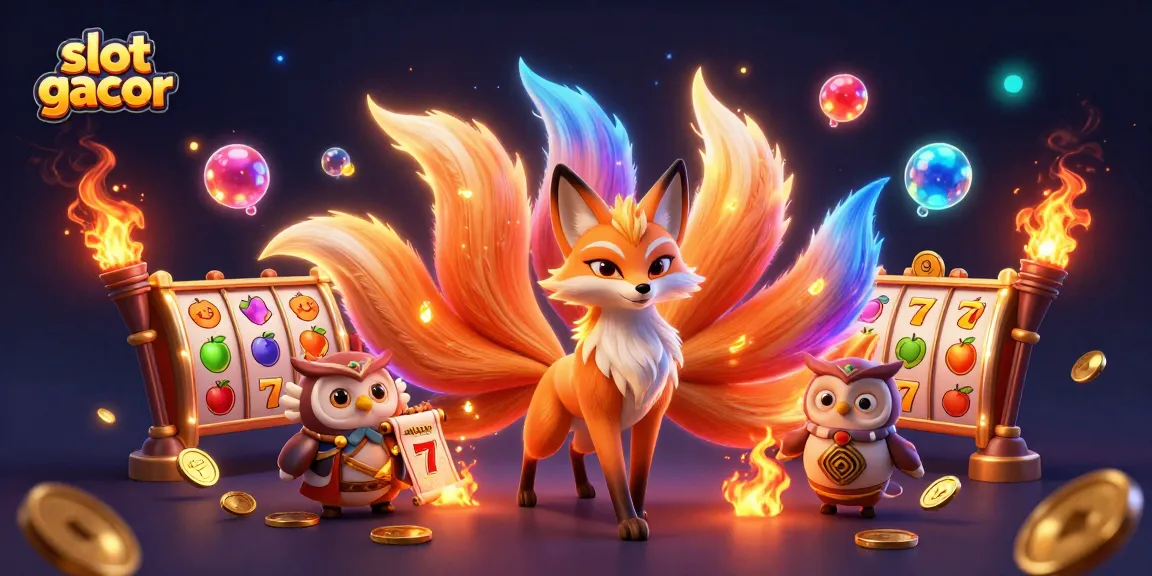 Spin to win with slot gacor, depicting a vibrant 3D scene with mystical characters and slot elements.