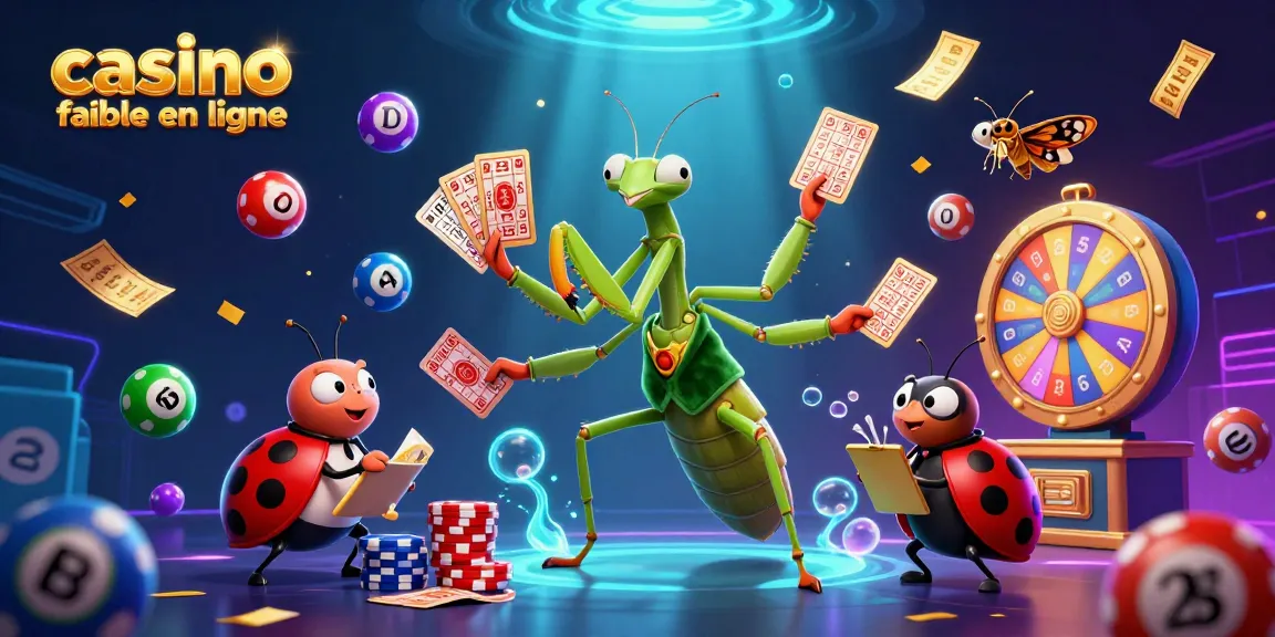 Un jeu intense au casino fiable en ligne avec un mante religieuse géant et des éléments de loterie colorés en action.