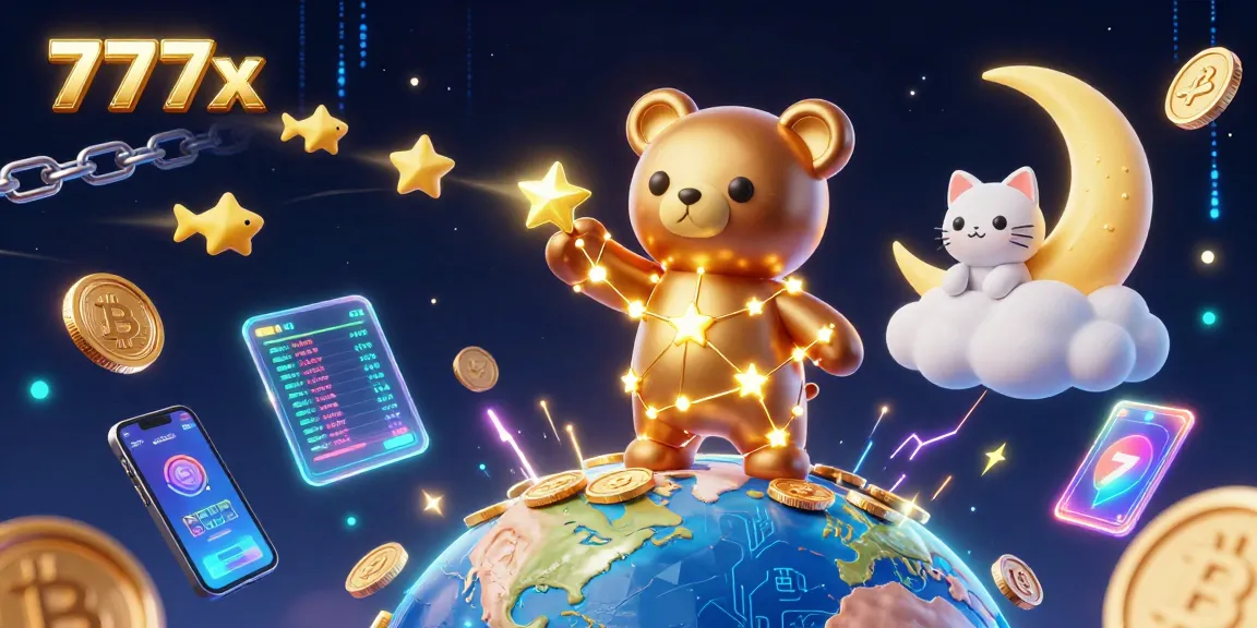 Engage with 777x's vibrant casino world, featuring gold star bears scooping coins amidst crypto elements.