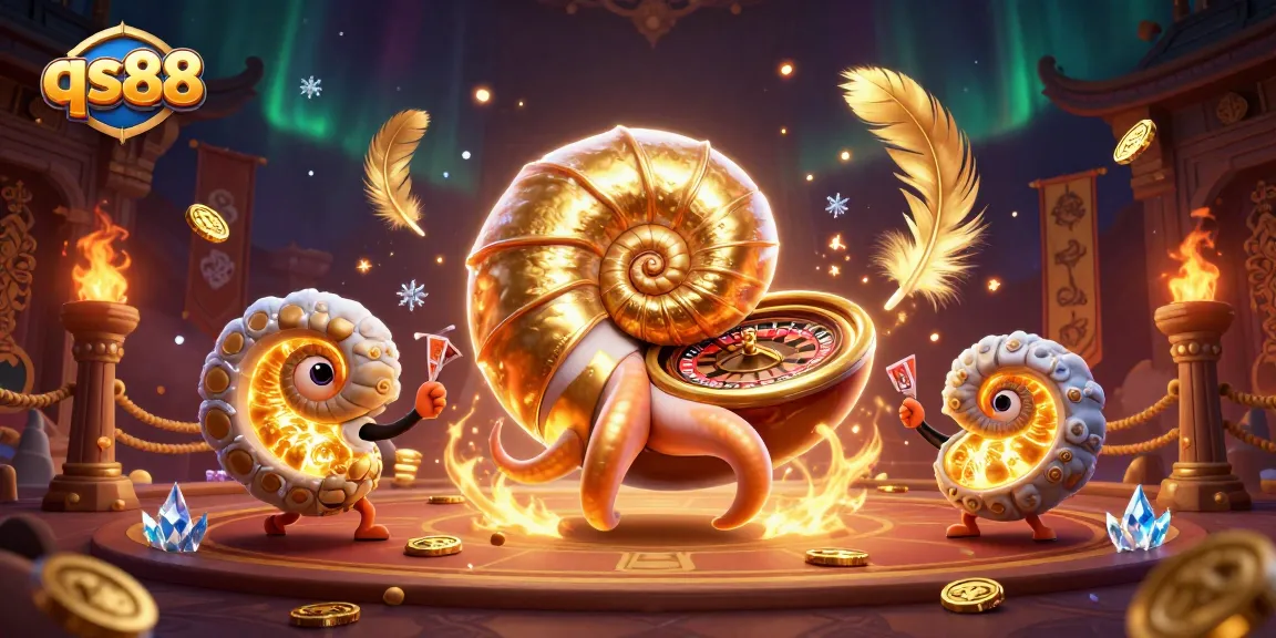 Experience thrilling gaming at qs88 with a giant nautilus as a roulette wheel surrounded by glowing companions.
