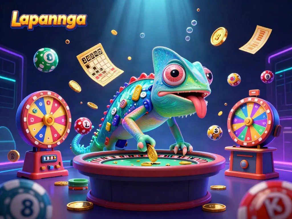 Menghadirkan Lapannaga, pemilik kasino chameleon 3D menangkap koin emas di antara elemen permainan yang meriah.