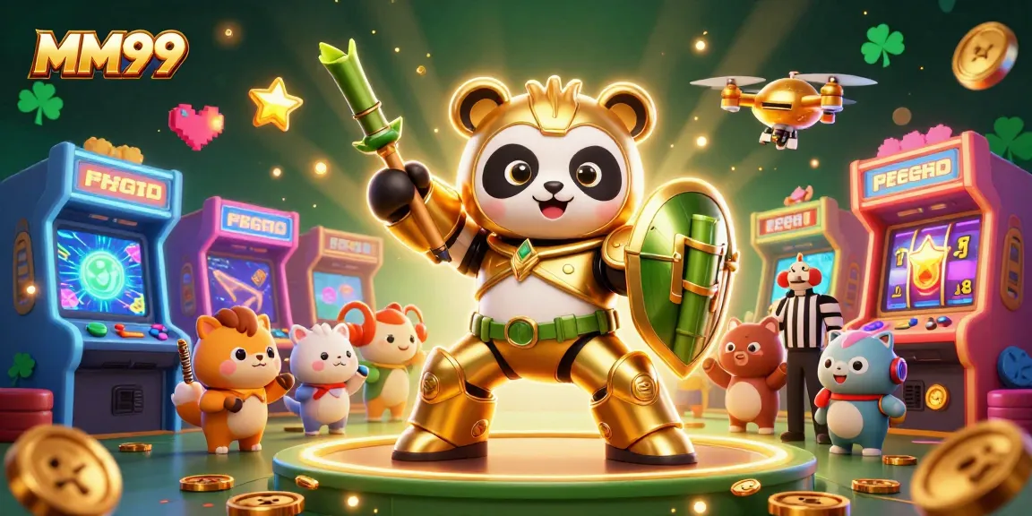 Experience thrilling gaming excitement at MM99 with a vibrant 3D casino illustration featuring lively characters and slot machines.