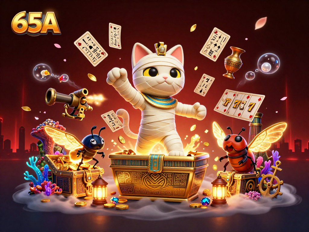 Imagem ilustrativa do 65A com um gato múmia egípcio em um cassino piramidal, envolvendo jogadores e tesouros.