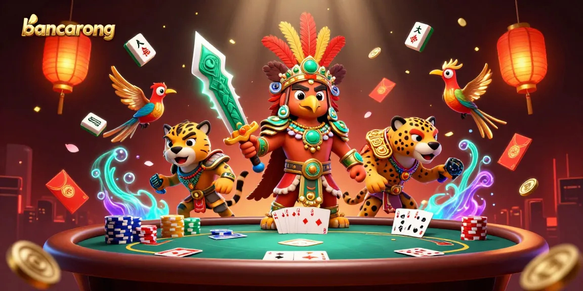 Engage with bancarong through a vibrant casino-inspired scene featuring Aztec warriors, poker tables, and colorful game elements.