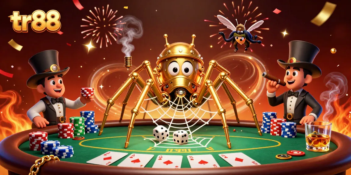 Experience the thrill of tr88 with a whimsical steampunk spider and playful gaming elements.