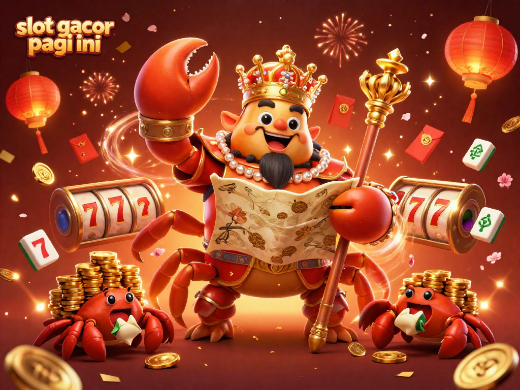 Experience slot gacor pagi ini with a golden crab emperor amidst vibrant casino elements.