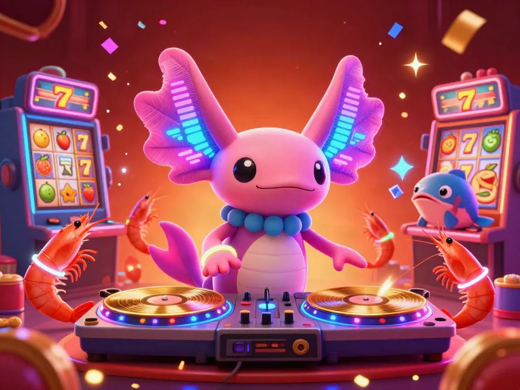 Menangkan slot online dengan DJ axolotl dan suasana kasino yang meriah dengan slot mesin berwarna-warni.