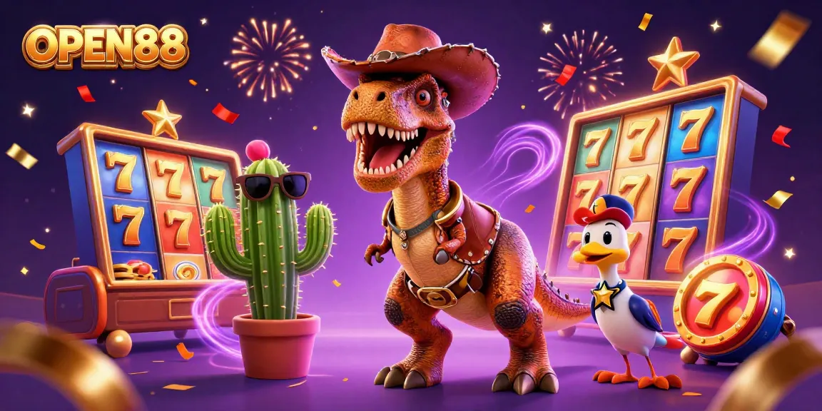 Experience winning strategies at OPEN88 with our dynamic 3D casino illustration featuring colorful slot machines and vibrant celebrations.