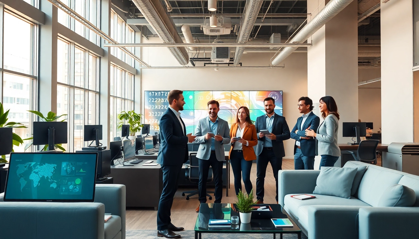 Telecom companies Manchester UK professionals collaborating in a modern office setting.
