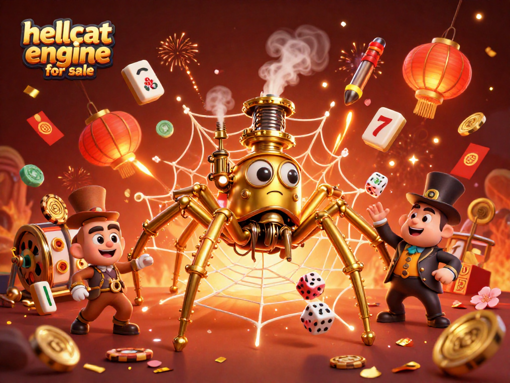 Engage with the hellcat engine for sale amidst a vivid casino-themed illustration of animated characters and symbols.