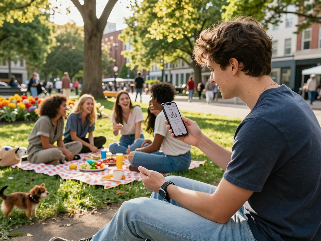 Young adult discovering how old do I look while enjoying time with friends in a lively urban park.