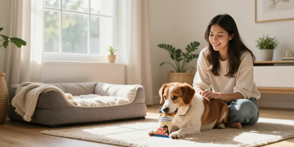 Calming Dog Treats helping a dog relax in a cozy home environment.